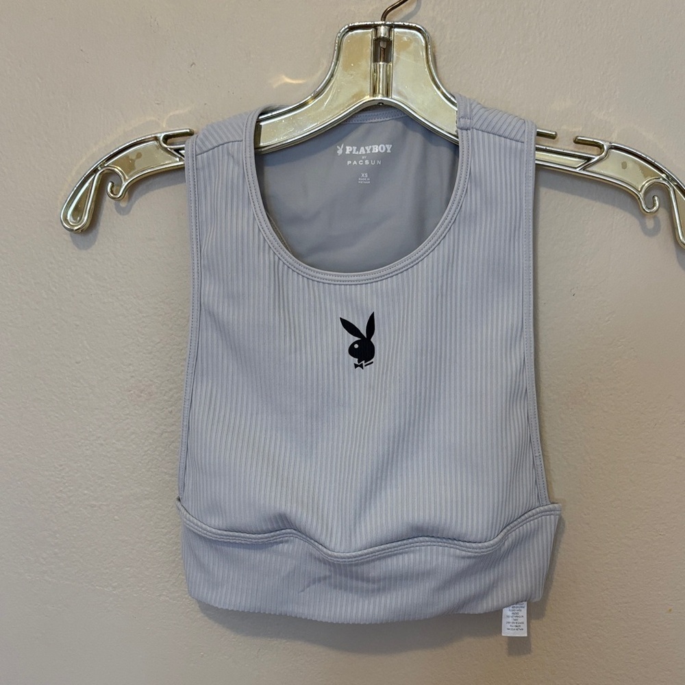 PLAYBOY Light Gray Ribbed Cropped Tank with Black Bunny Logo